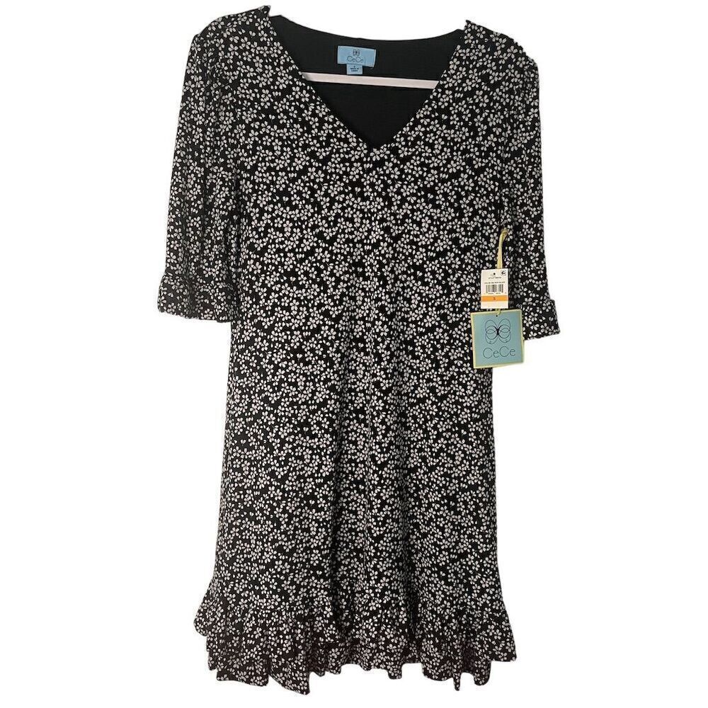 CeCe Black Floral Print 3/4 Sleeve Knee Length Dress Size S
